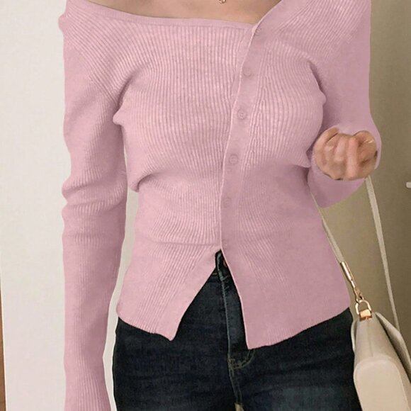 Pink Casual Womens Solid Asymmetrical Neck Button Through Ribbed Knit Cardigan - Picture 4 of 4